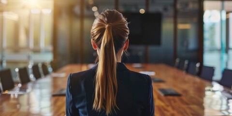 Poster - Businesswoman with back turned in a boardroom.