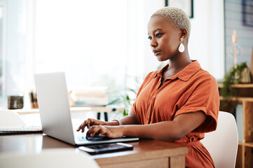 Poster - Typing, online and black woman with laptop, serious and thinking of ideas in office and copywriting. Writer, working and creative for website on desk, reading and confident in company and person