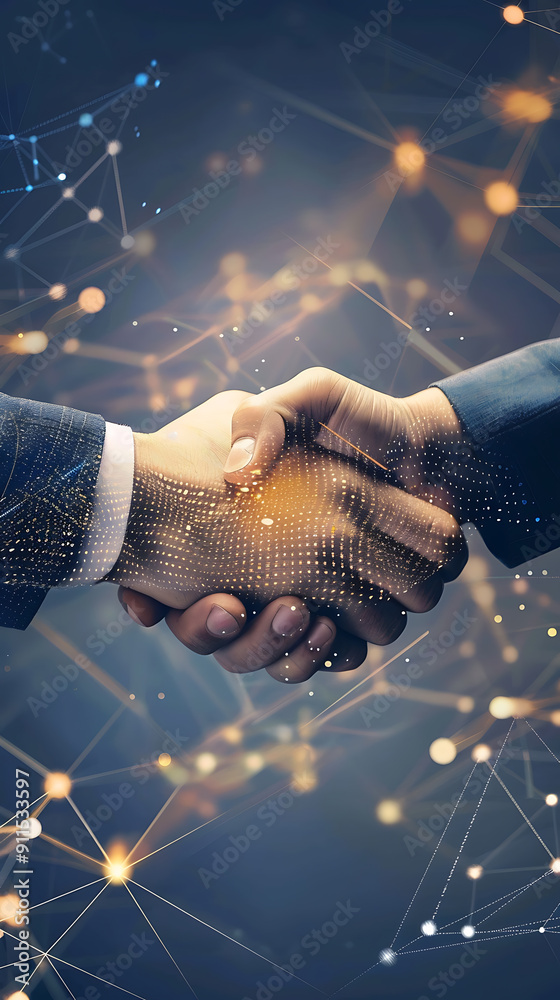 Two hands shaking in a digital network, blue and gold, symbolizing a ...