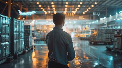 Poster - Businessman using ai artificial intelligence management in logistic system support human work and reduce time to work in process.AI assitant planing to import export for business