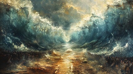 An epic depiction of Moses parting the Red Sea, the waters parting majestically to allow the Jews to cross, intense atmosphere, intricate details, rich colors, realistic textures,