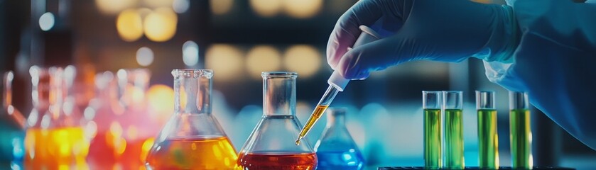 Aufkleber - A detailed shot of a scientist using a pipette to carefully transfer liquid in a chemistry experiment, with colorful chemical reactions taking place in the background and a focus on precision