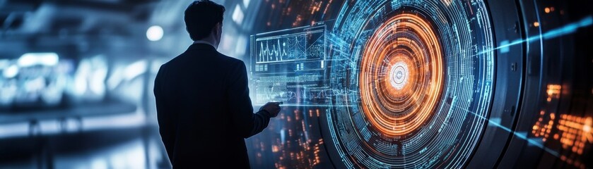 Aufkleber - A dynamic scene of a physicist analyzing data from a large particle accelerator, with graphs and formulas projected on screens and advanced technology used to understand fundamental forces