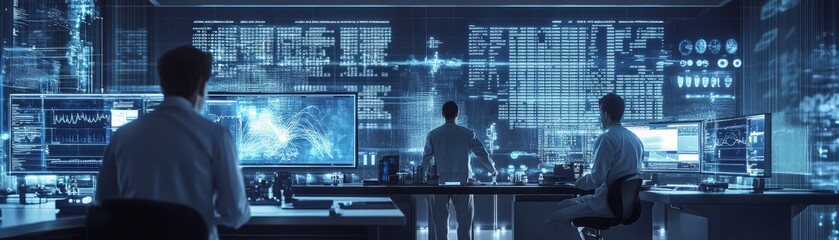 Aufkleber - A futuristic laboratory with scientists using cutting-edge technology to analyze and interpret complex data sets, with digital displays showing advanced scientific formulas and observations