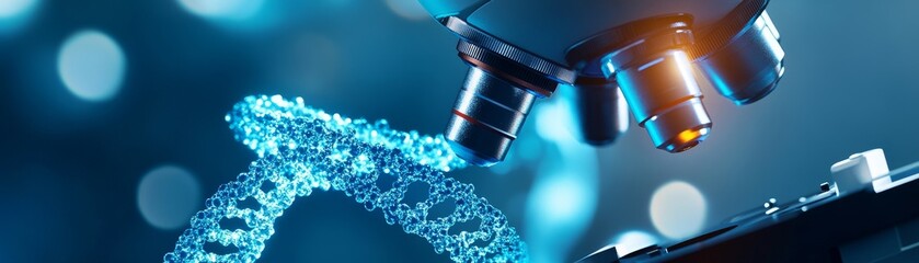 Aufkleber - A close-up view of a DNA double helix model being analyzed under a microscope in a modern laboratory, showcasing the intricate details of genetics and the importance of precision in research