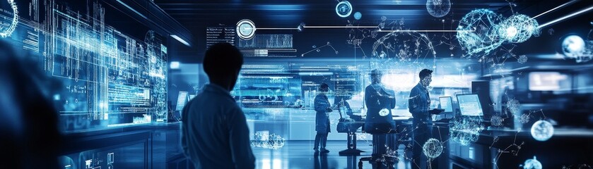 Aufkleber - A futuristic science lab with holographic displays showing complex formulas and data, scientists interacting with advanced technology, and a focus on innovation and cutting-edge research