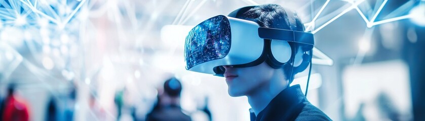 Poster - A vibrant tech industry expo with exhibitors showcasing the latest advancements in electronics, software, and robotics, with interactive demonstrations