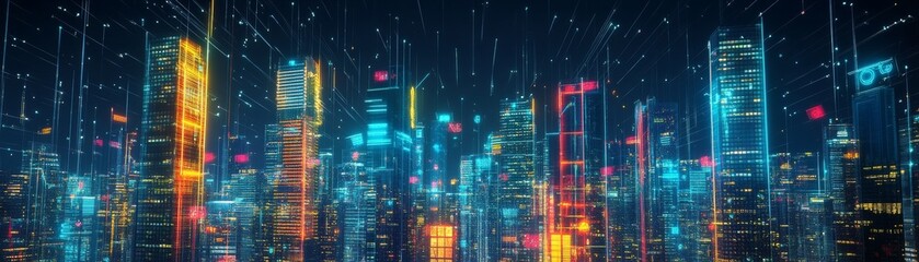 Aufkleber - A futuristic cityscape with towering skyscrapers illuminated by neon lights, connected through a complex network of smart devices and IoT technology