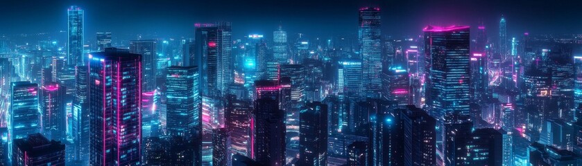 Aufkleber - A futuristic cityscape with towering skyscrapers illuminated by neon lights, connected through a complex network of smart devices and IoT technology