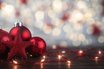 A star and a bunch of red Christmas ornaments are on a table. The scene has a festive and joyful mood, as it is a representation of the holiday season