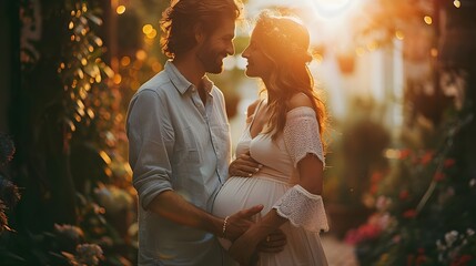 A couple is standing in a garden, with the woman wearing a white dress