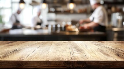 Wall Mural - wooden table and busy chefs working on the restaurant kitchen , blurred background. Foods display banner