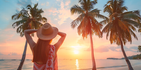 Silhouette of a woman in a beach setting with palm trees, golden light, and a blue sky, capturing the tranquility and beauty of a tropical sunset. background , wallpaper 