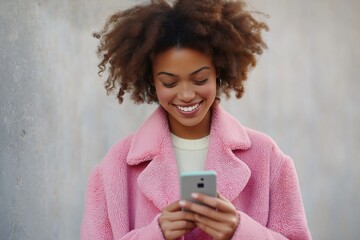 A woman with curly hair is smiling while looking at her cell phone. She is wearing a pink coat and she is enjoying herself