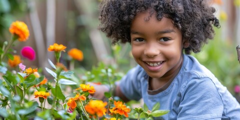 Poster - Delightful smile of an Afro-Latino child picking flowers in a garden.