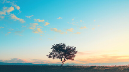 Poster - A tree stands alone in a field with a blue sky in the background