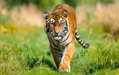 a majestic tiger, with orange and black stripes, peering through lush green foliage, conveying power