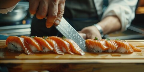 Wall Mural - Japanese chef slicing fresh salmon with a sharp knife for Sashimi sushi a traditional Japanese dish