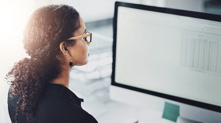 Poster - Computer screen, financial advisor and woman in office for data analytics, accounting or profit growth. Business, spreadsheet or consultant with technology for investment, trading or finance advice