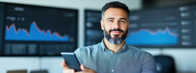 Wall Mural - Success, Data analyst using a smartphone, managing successful data insights, in a high-tech office, confident and poised