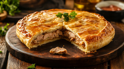 Tuna, meat, or vegetable-filled Galician pie served on a board.