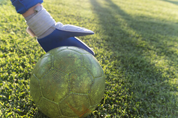 Wall Mural - soccer, goalkeeper gloves that hold and move the leather ball on the green grass of the field