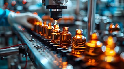 A worker is pouring liquid into bottles on a conveyor belt