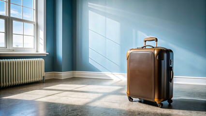 Wall Mural - A stylish brown suitcase stands alone in a bright room, illuminated by sunlight streaming through large windows, casting soft shadows on the floor