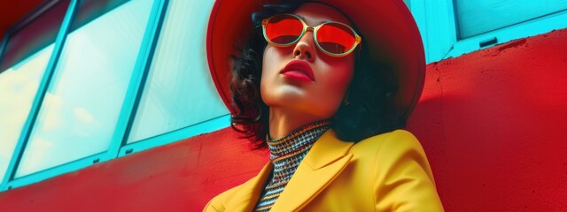 Fashion model posing with red hat and yellow jacket.