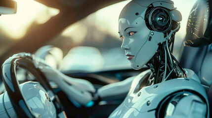 Female beautiful robot with artificial intelligence is driving a taxi sitting at driver seat is driving on busy highway road in the city. Concept of machine learning, artificial intelligence augmented