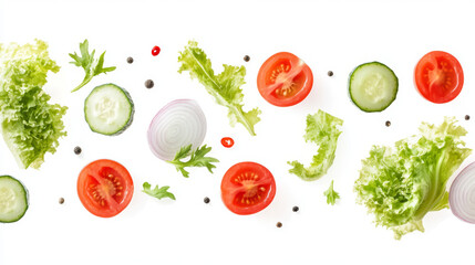 Vegetables like tomatoes, onions, cucumbers, and lettuce are arranged in a creative way in the air. The image has a white background and the vegetables are isolated. Food concept.