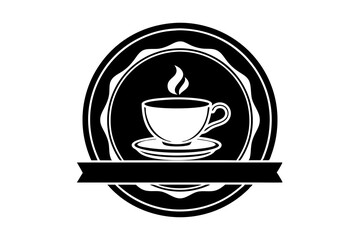 A simple logo for a tea shop with tea cup and saucer silhouette black linocut vector illustration