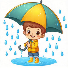 Sticker - Cute cartoon child with umbrella, wind, rain on white background. AI