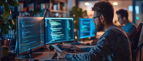 Wall Mural - A man in an office with 3 monitors & phone, surrounded by coworkers. Calm, focused atmosphere for software programming tasks.