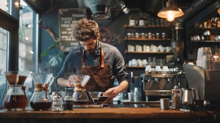 Wall Mural - A young male barista in a beige apron prepares coffee in a busy cafe. His attention to coffee making is emphasised by various appliances and a mirror in the background.