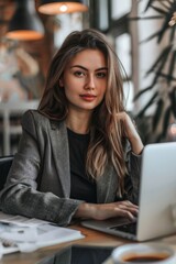 Poster - Professional woman with a minimalist office setup.