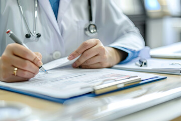 Doctor filling out medical form with pen on clipboard