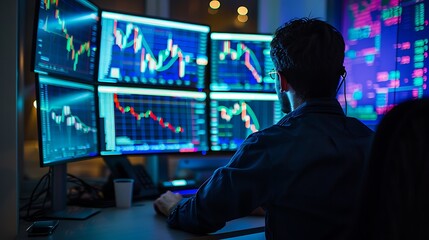 Wall Mural - A dimly lit room with computer screens glowing, displaying stock market data during an after-hours trading session, soft blue and green lighting, focused trader at the desk, hd quality, natural look.