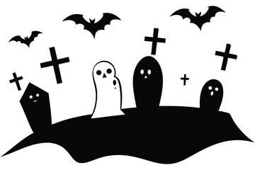 Halloween ghosts floating in a graveyard on white background silhouette vector illustration