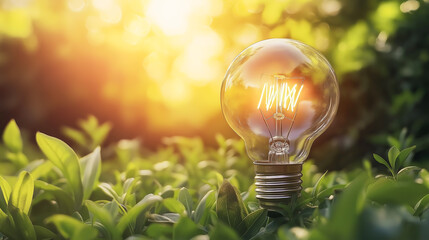 light bulb on green grass and sunlight in nature. green energy concept