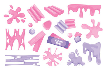 Aufkleber - Bubble gum splashes mega set elements in flat graphic design. Bundle objects of pink and purple chewy sweet candies, jelly stains, slimy stripes, gummy and sticky stretchy forms. Vector illustration.
