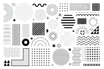 Aufkleber - Geometric shapes mega set elements in flat graphic design. Bundle objects of circles, squares, triangles, hexagons with halftone, dots and lines pattern, waves and curve lines. Vector illustration.