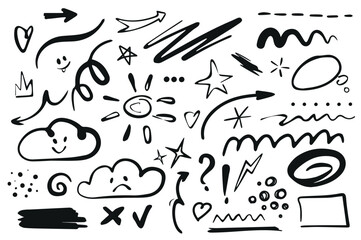 Leinwandbilder - Line shape marker set elements in flat graphic design. Bundle objects of black doodle drawings with arrows, stars, clouds, sun, curls, circle, square, dots, tick, heart, other. Vector illustration.