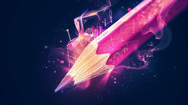 A radiant pink drafting pencil icon with a lead that sketches a city's cultural center