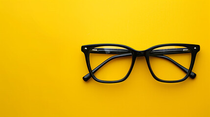 Prescription glasses in black frame on yellow background with copy space.