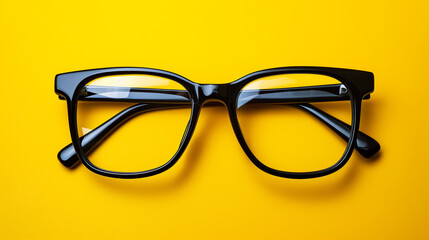 Prescription glasses in black frame on yellow background.