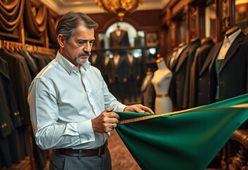 Middle-aged tailor measuring green silk fabric in luxury boutique