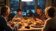 © keetazalay - A serene evening scene at home, a family gathered around the dining table, enjoying a warm meal together, laughter and conversation flowing, a mix of generations sharing stories, cozy lighting, a