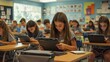 © keetazalay - A dynamic classroom filled with students using various digital devices, including tablets and laptops, under the guidance of a tech-savvy teacher, showcasing the integration of technology in