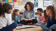 © keetazalay - A small group of elementary students receiving instruction from a teacher, sitting in a circle on the floor with a storybook, the teacher reading aloud with animated expressions, children listening
